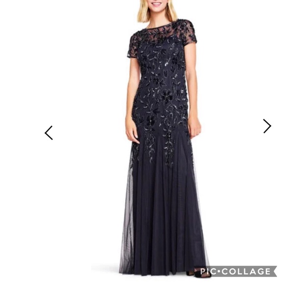 Adrianna papell PLUS SIZyshort sleeves Floral Beaded Godet long Gown - Picture 5 of 16